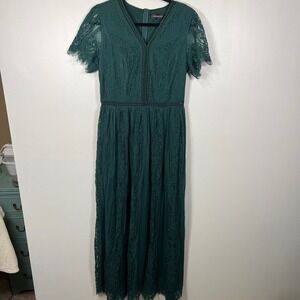 MEROKEETY Womens Lace V-Neck Maxi Dress Short Sleeve Emerald Green Large